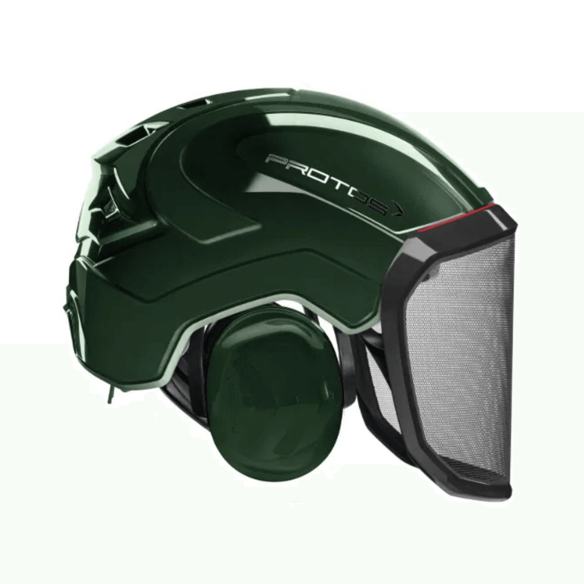 PROTOS Integral Forest Chainsaw Helmet with face guard and hearing protection in dark green color.