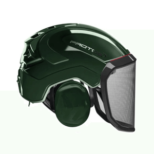 PROTOS Integral Forest Chainsaw Helmet with face guard and hearing protection in dark green color.