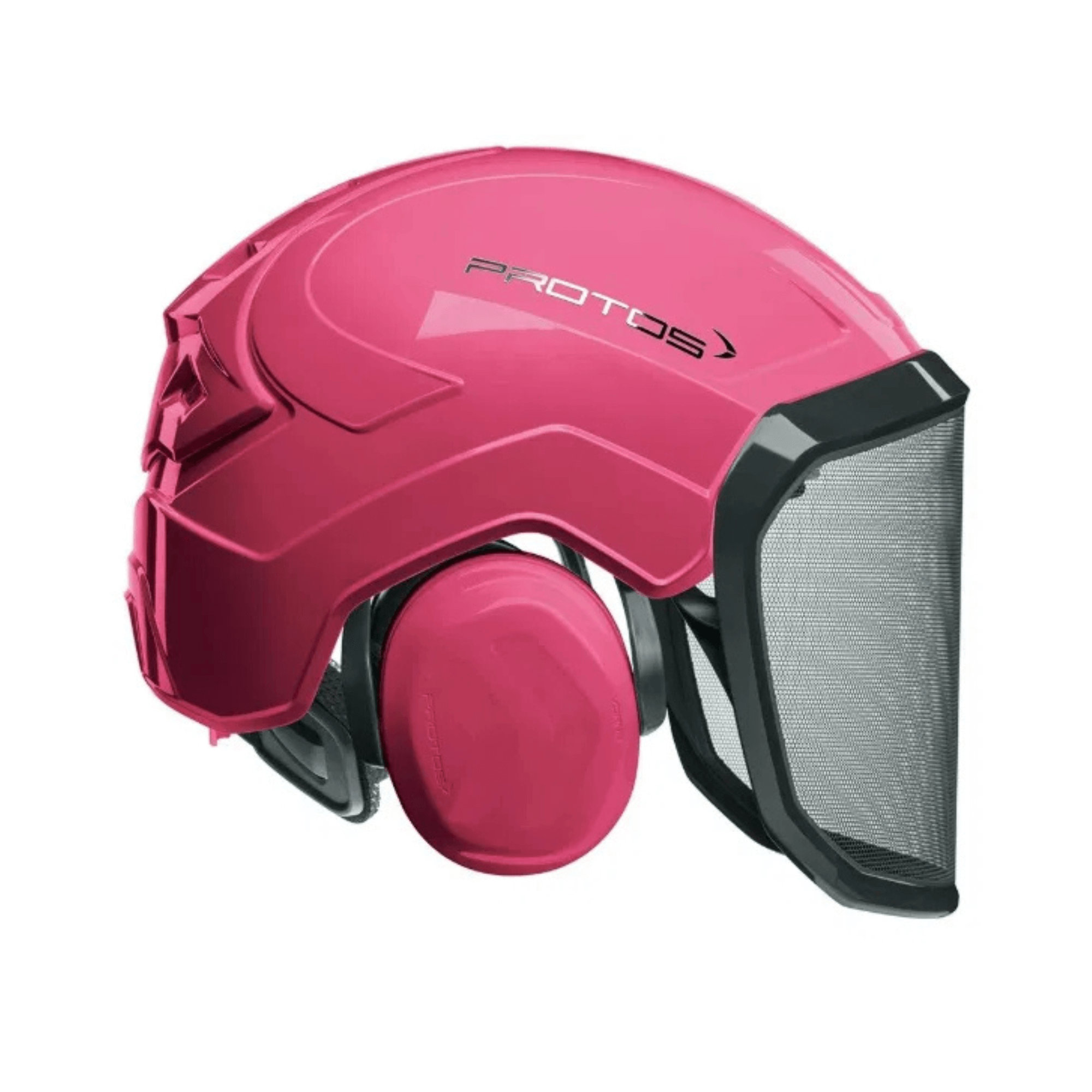 PROTOS Integral Forest Chainsaw Helmet in pink with integrated hearing and face protection.