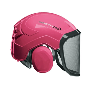 PROTOS Integral Forest Chainsaw Helmet in pink with integrated hearing and face protection.
