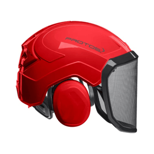 Integral Forest Chainsaw Helmet in red with integrated hearing and face protection.
