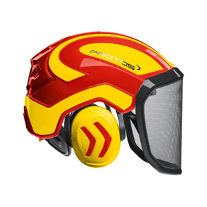 PROTOS Integral Forest Chainsaw Helmet with combined hearing protection and face shield in vibrant red and yellow design.
