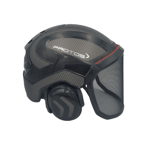 Protos Integral Arborist Helmet with mesh visor for tree surgeons, ensuring safety and comfort while using chainsaws.
