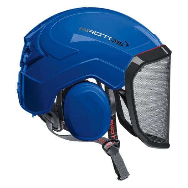 Protos Integral Arborist Helmet in blue with protective visor, ideal for tree surgeons and chainsaw work.