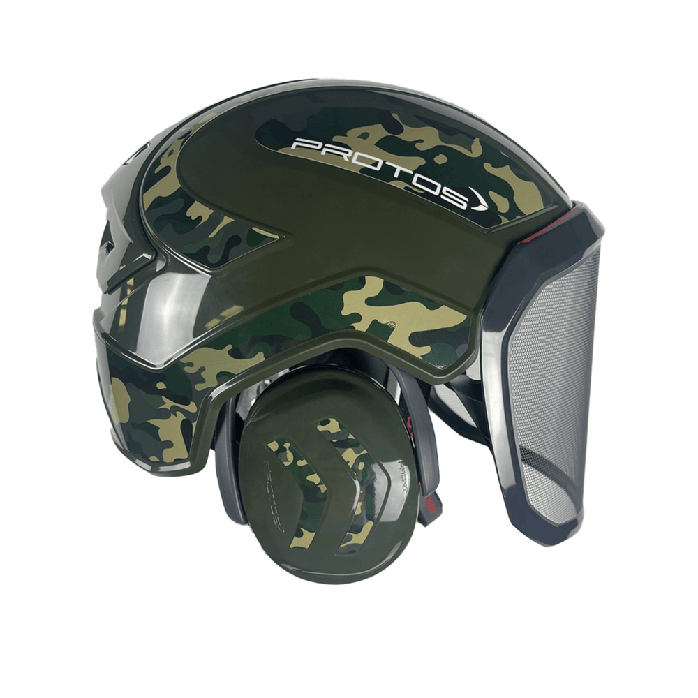 Protos Integral Arborist Helmet in camouflage design for tree surgeons, offering superior safety and comfort during chainsaw work.