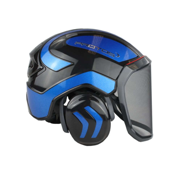 Protos Integral Arborist Chainsaw Helmet in blue, designed for tree surgeons, offering superior safety and comfort.