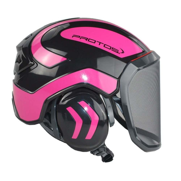 Protos Integral Arborist Chainsaw Helmet with pink and black design, ideal for tree surgeons and safety in tree work.