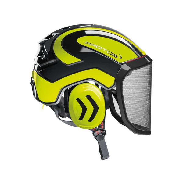 Protos Integral Arborist Helmet for tree surgeons, featuring yellow design, ear protection, and mesh visor for safety.