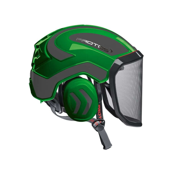 Protos Integral Arborist Helmet in green for tree surgeons, designed for safety and comfort during chainsaw operations.