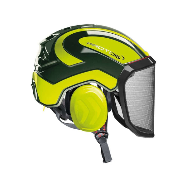 Protos Integral Arborist Chainsaw Helmet for tree surgeons, featuring safety visor and ear protection, perfect for high work environments.