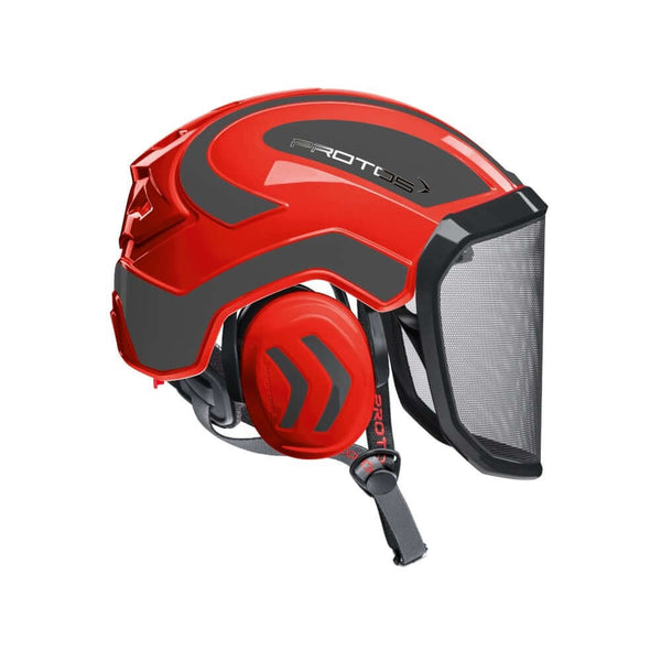 Protos Integral Arborist Helmet in red with mesh visor, designed for tree surgeons for superior safety and comfort.