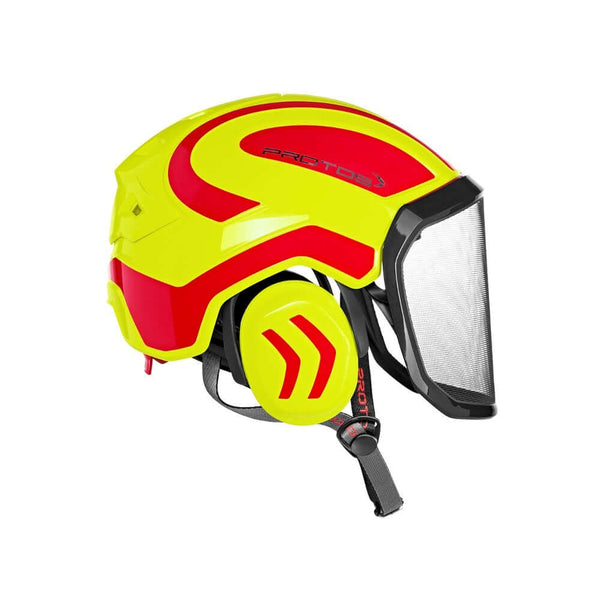 Protos Integral Arborist Helmet for tree surgeons, featuring high visibility colors and enhanced safety features.