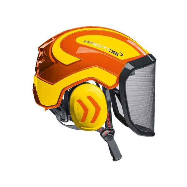 Protos Integral Arborist Helmet for tree surgeons, featuring superior impact protection and comfort while using chainsaws.