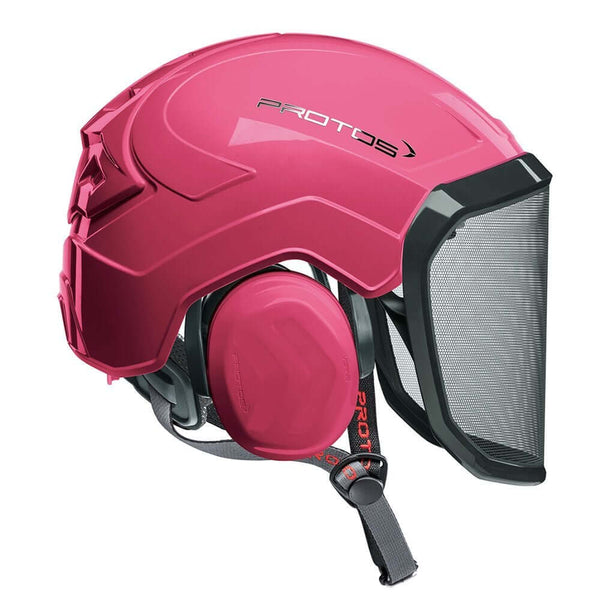 Protos Integral Arborist Chainsaw Helmet in pink with ear protection and face shield for tree surgeons.