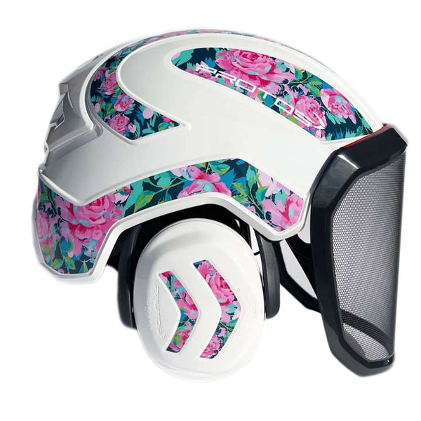 Protos Integral Arborist Chainsaw Helmet with floral design, ideal for tree surgeons seeking safety and comfort.