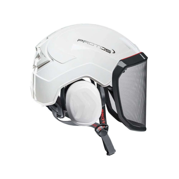 Protos Integral Arborist Helmet with face visor, designed for tree surgeons for safety and comfort while using chainsaws.