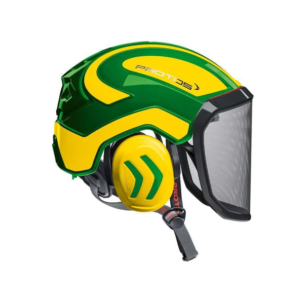 Protos Integral Arborist Helmet in green and yellow, designed for tree surgeons with superior safety features