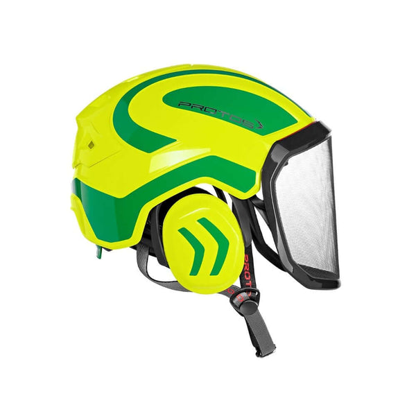 Protos Integral Arborist Chainsaw Helmet for tree surgeons, featuring bright yellow color and protective face shield.