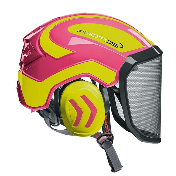 Protos Integral Arborist Chainsaw Helmet in pink and yellow with ear protection and face guard for tree surgeons.