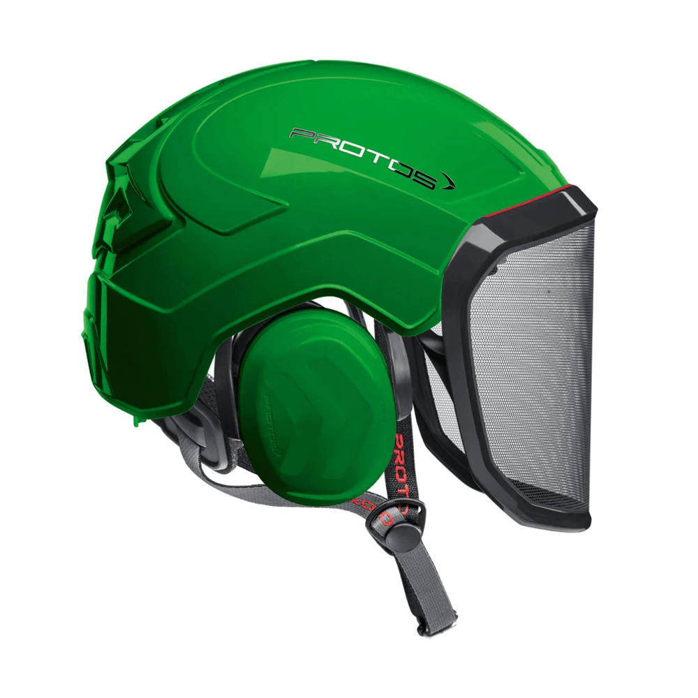 Protos Integral Arborist Helmet in green, designed for tree surgeons with superior impact protection and comfort.