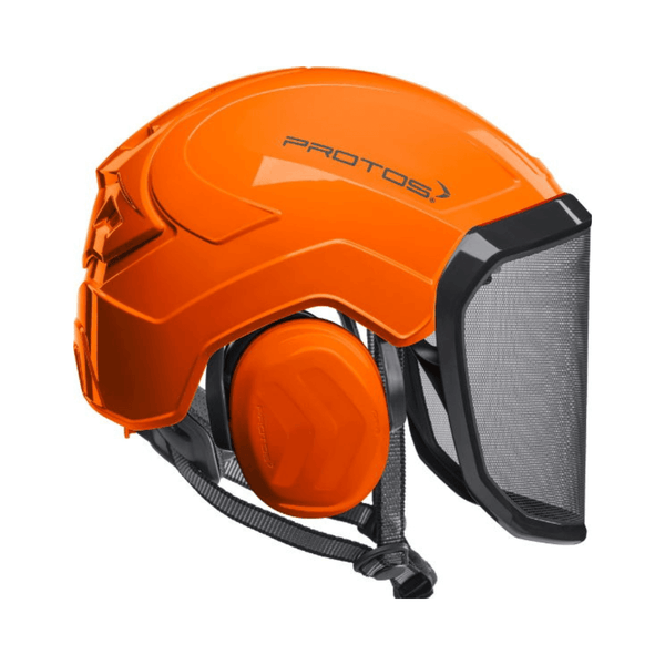 Protos Integral Arborist Chainsaw Helmet in orange, designed for tree surgeons with advanced protection features.