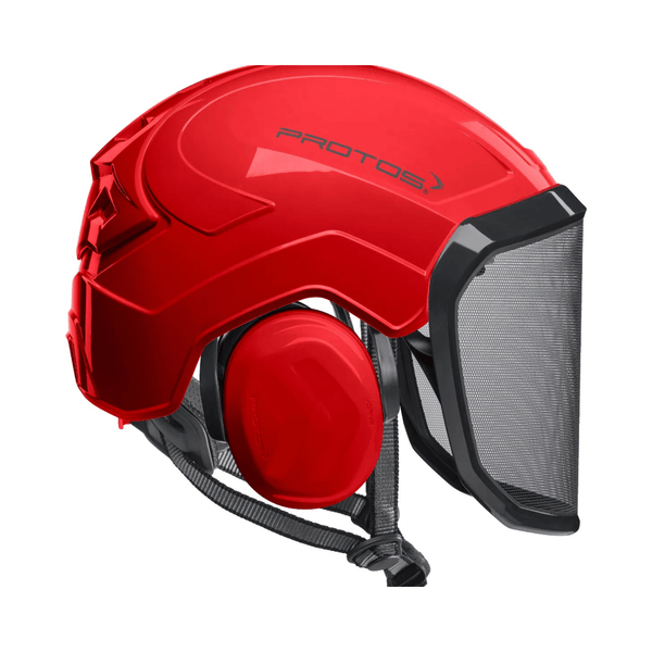 Protos Integral Arborist Chainsaw Helmet for tree surgeons, featuring impact protection and hearing protection.