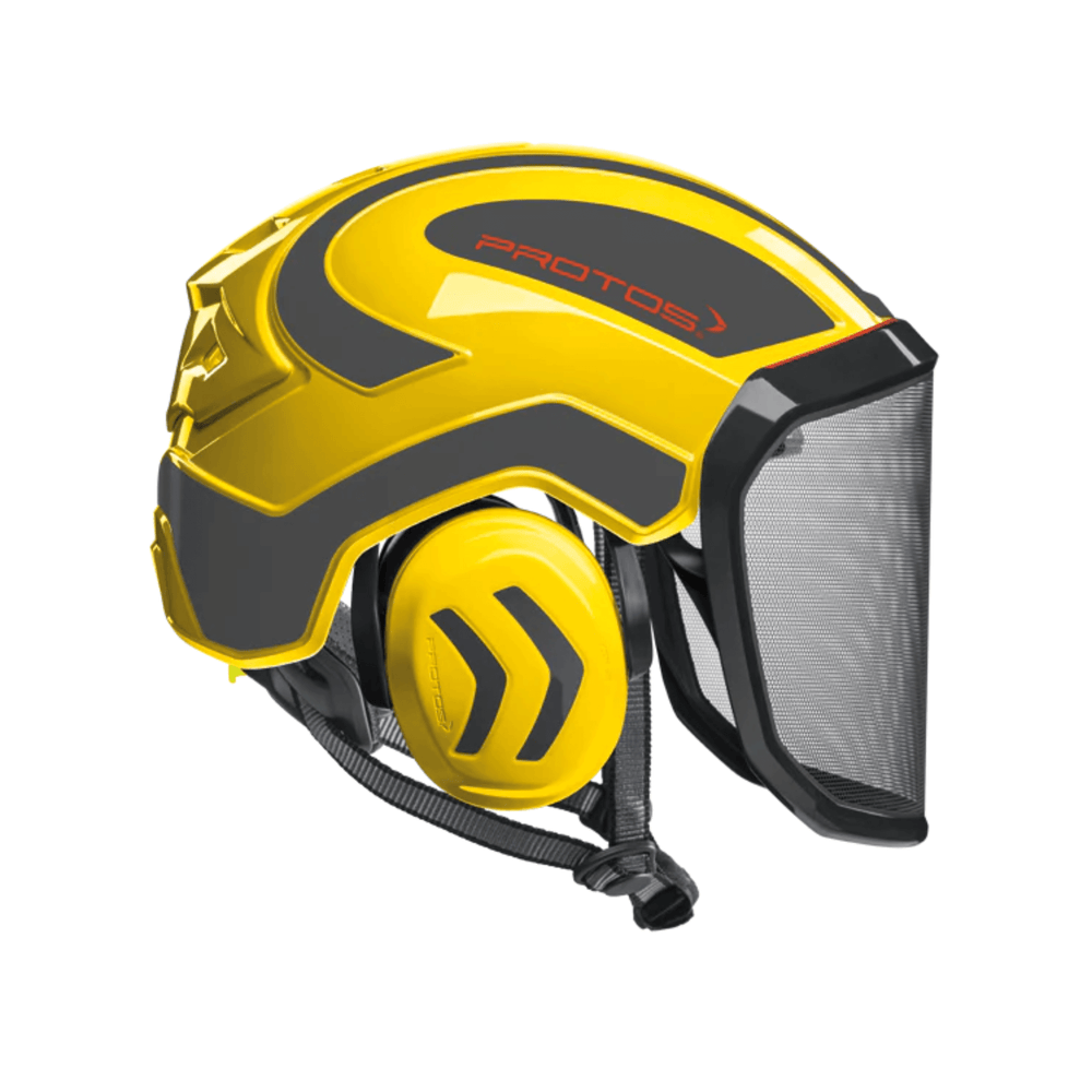 Protos Integral Arborist Chainsaw Helmet in yellow, designed for tree surgeons with safety and comfort features.