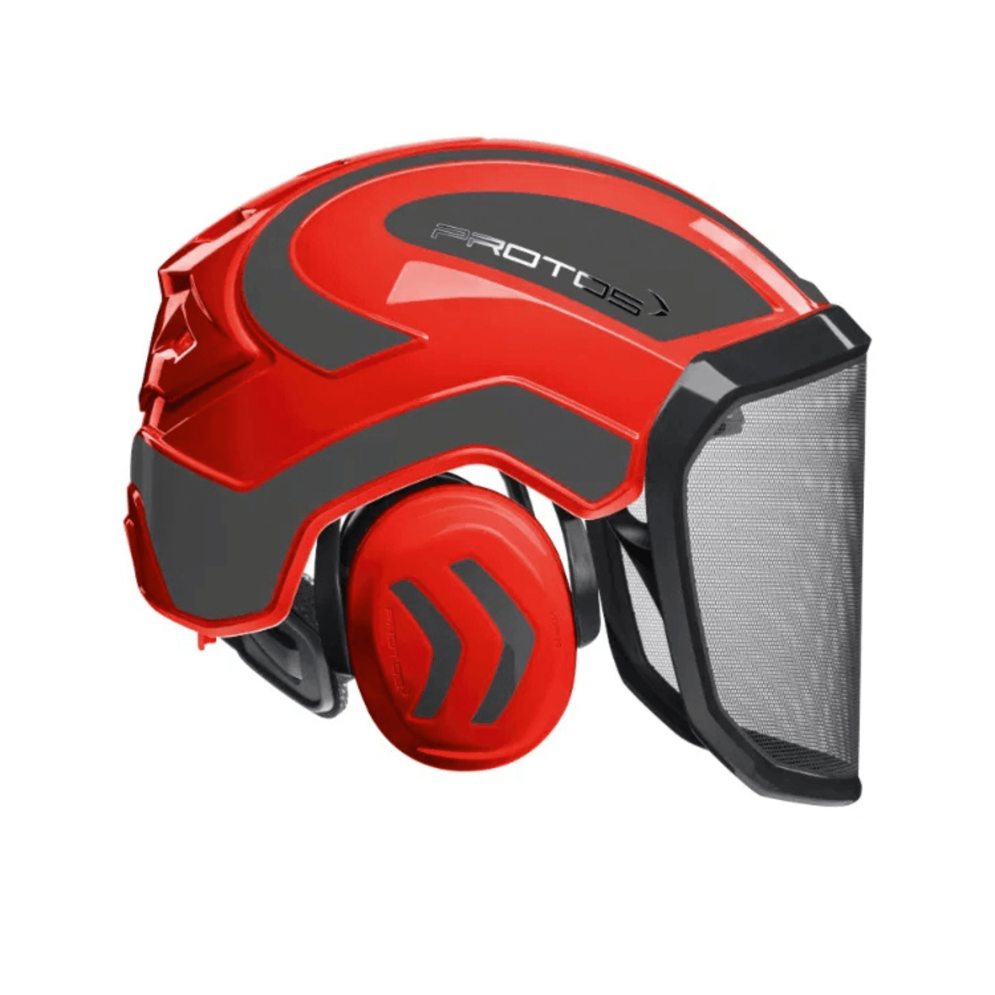 Protos Integral Forest Chainsaw Helmet in red, designed for tree surgeons with safety, comfort, and easy handling features.