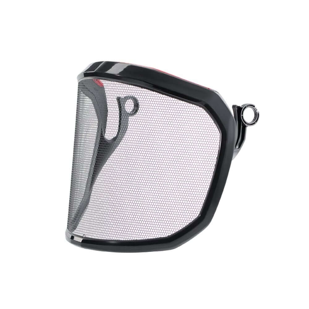 A black metal honeycomb pattern visor designed for attachment to a chainsaw helmet, featuring a side loop.