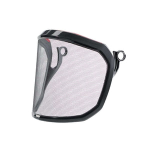 A black metal honeycomb pattern visor designed for attachment to a chainsaw helmet, featuring a side loop.