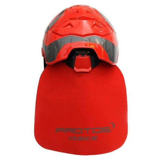 Integral Helmet Neck Cape for tree surgeons, featuring a vibrant red design, lightweight, windproof, and water-resistant.