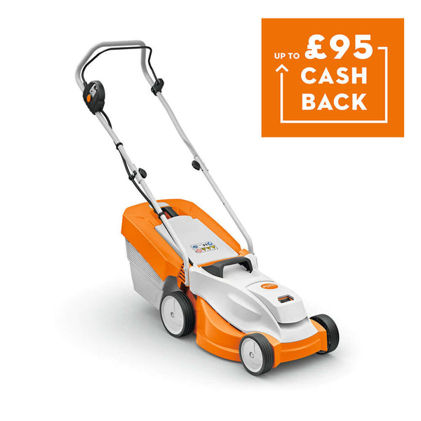 RMA 235 Cordless Lawnmower with cashback offer, showcasing STIHL's efficient and sleek design.