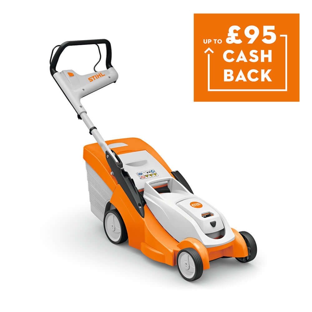 RMA 239 C Cordless Lawnmower with cashback offer on a white and orange background.