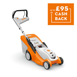 RMA 239 C Cordless Lawnmower with cashback offer on a white and orange background.