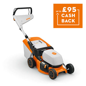 RMA 243 Cordless Lawn Mower showcased with cashback offer up to £95, ideal for tree surgeons and lawn maintenance.