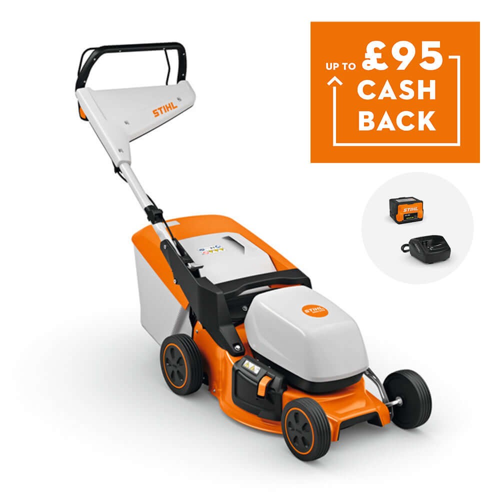 RMA 243 Cordless Lawn Mower with cashback promotion from STIHL, designed for efficient lawn care.