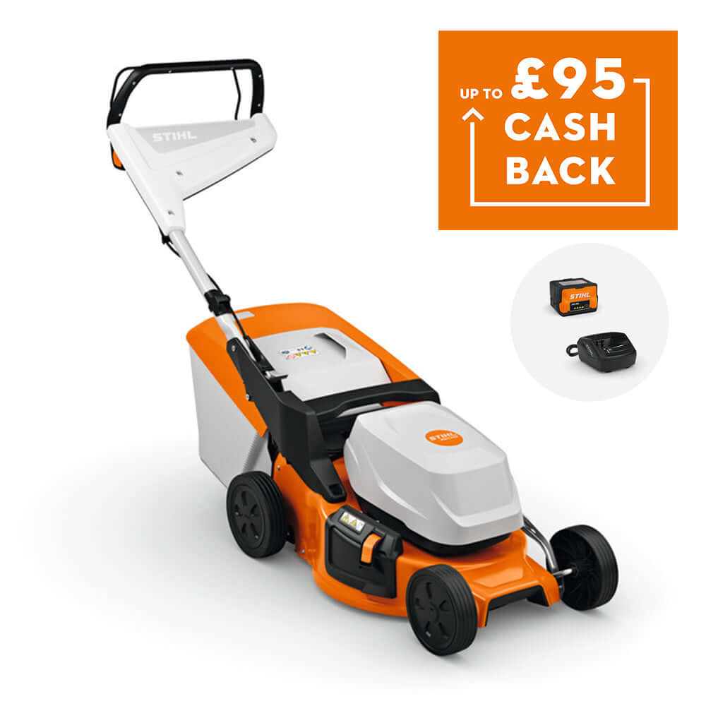 RMA 248 Cordless Lawnmower by STIHL with cashback promotion visible in the background.