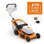 STIHL RMA 253 T Cordless Lawnmower with cashback offer highlighted in image.