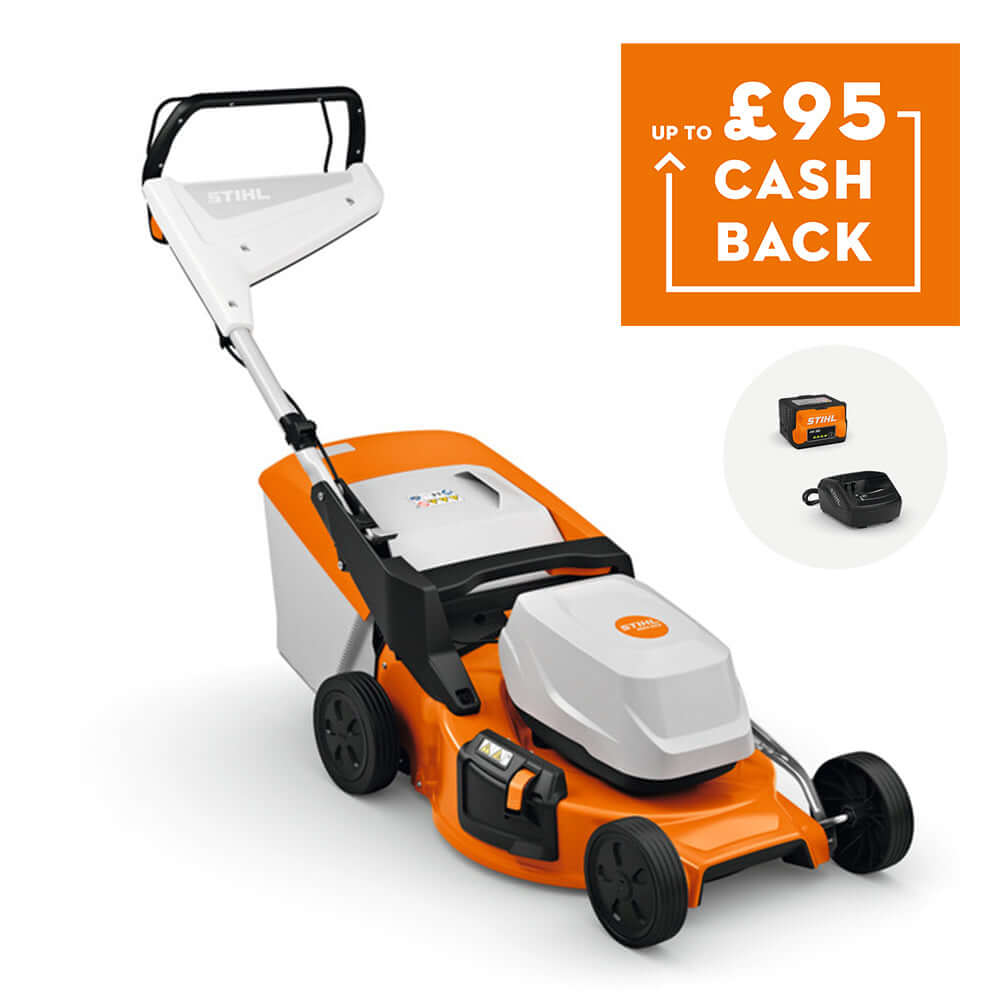 RMA 253 Cordless Lawnmower with cashback offer on purchase details.