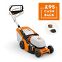 RMA 443 V Self Propelled Cordless Lawnmower with cashback offer shown in the image