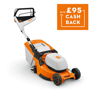 RMA 448 RV Cordless Lawnmower with cashback offer, perfect for tree surgeons, lightweight and efficient for easy lawn care.
