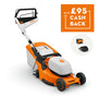RMA 448 RV Cordless Lawnmower with cashback offer, compact design for efficient lawn care.