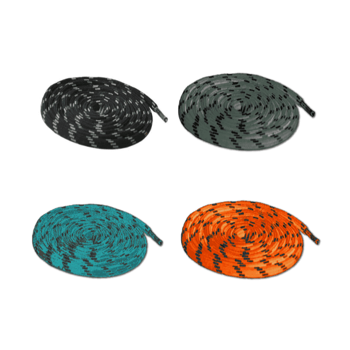 Four Arbortec coiled laces in different colors: black, gray, blue, and orange, intended for chainsaw boots.
