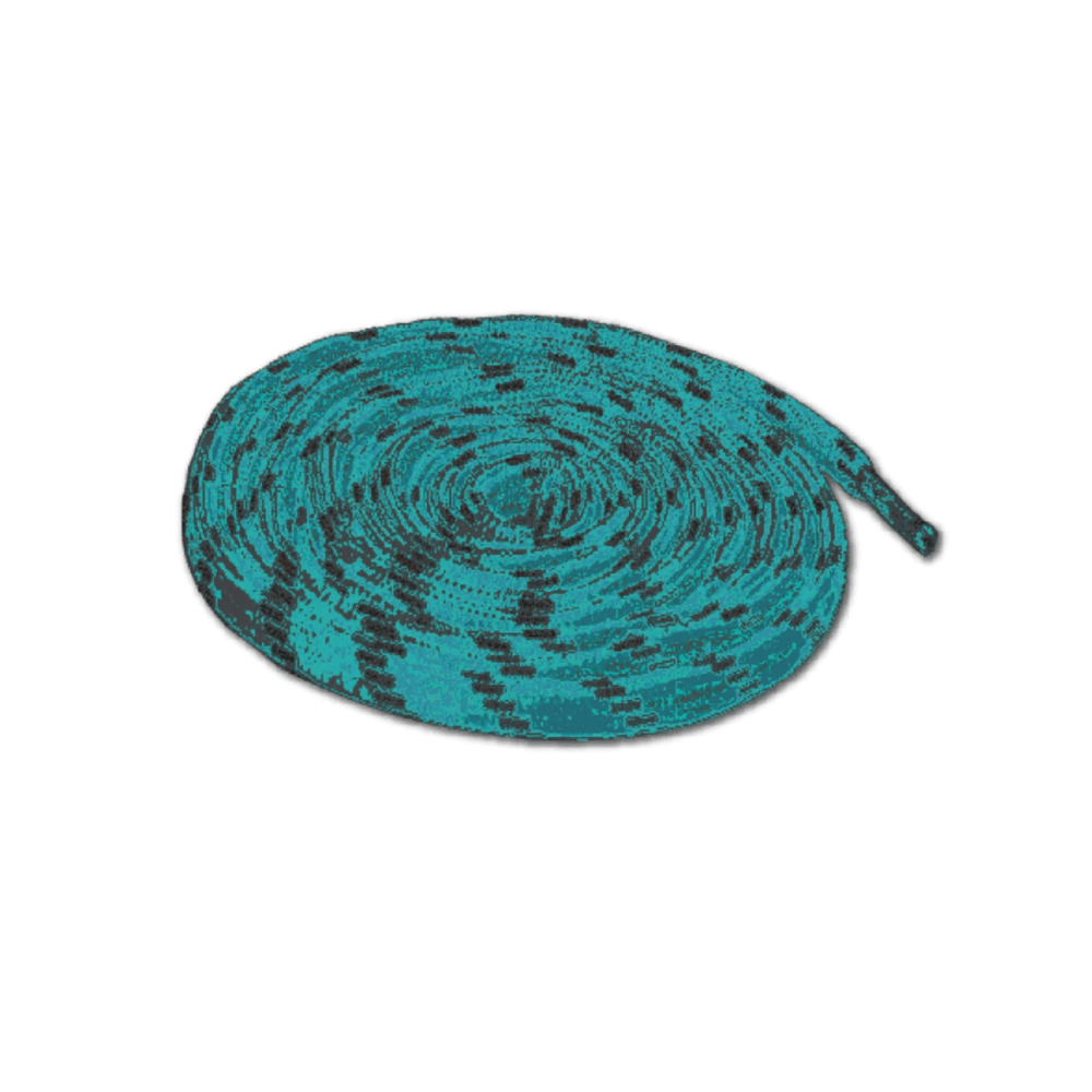 Turquoise shoelace with black pattern on a white background