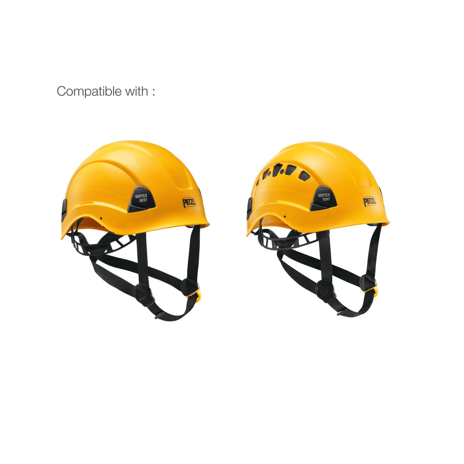 Petzl Vertex and Alveo helmets in yellow, compatible with replacement foam for tree surgeons and climbing safety.