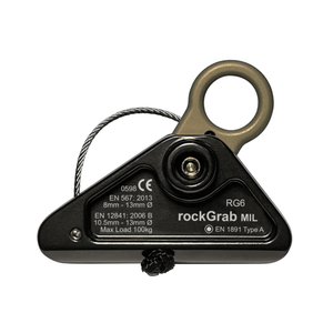 rockGrab MIL Rope Grab designed for arborists and tree surgeons, featuring a removable push-pin axle for easy installation.
