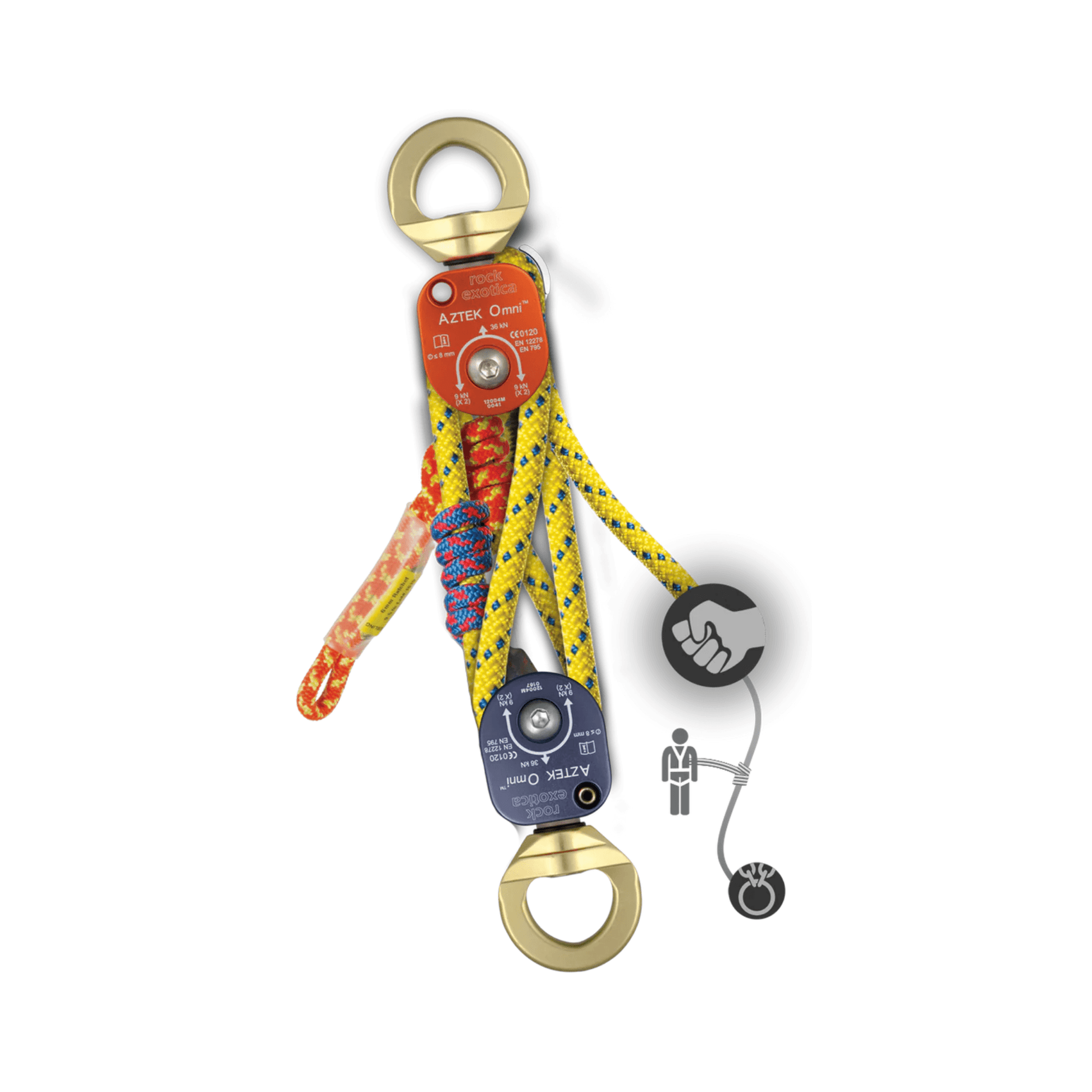 Rock Exotica P41 AZTEK Pulley with ropes for the Aztek Kit, ideal for arborists and rescue professionals.