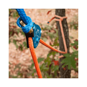 DownRigger Pulley connected to ropes in an arborist rigging system for controlled descents.