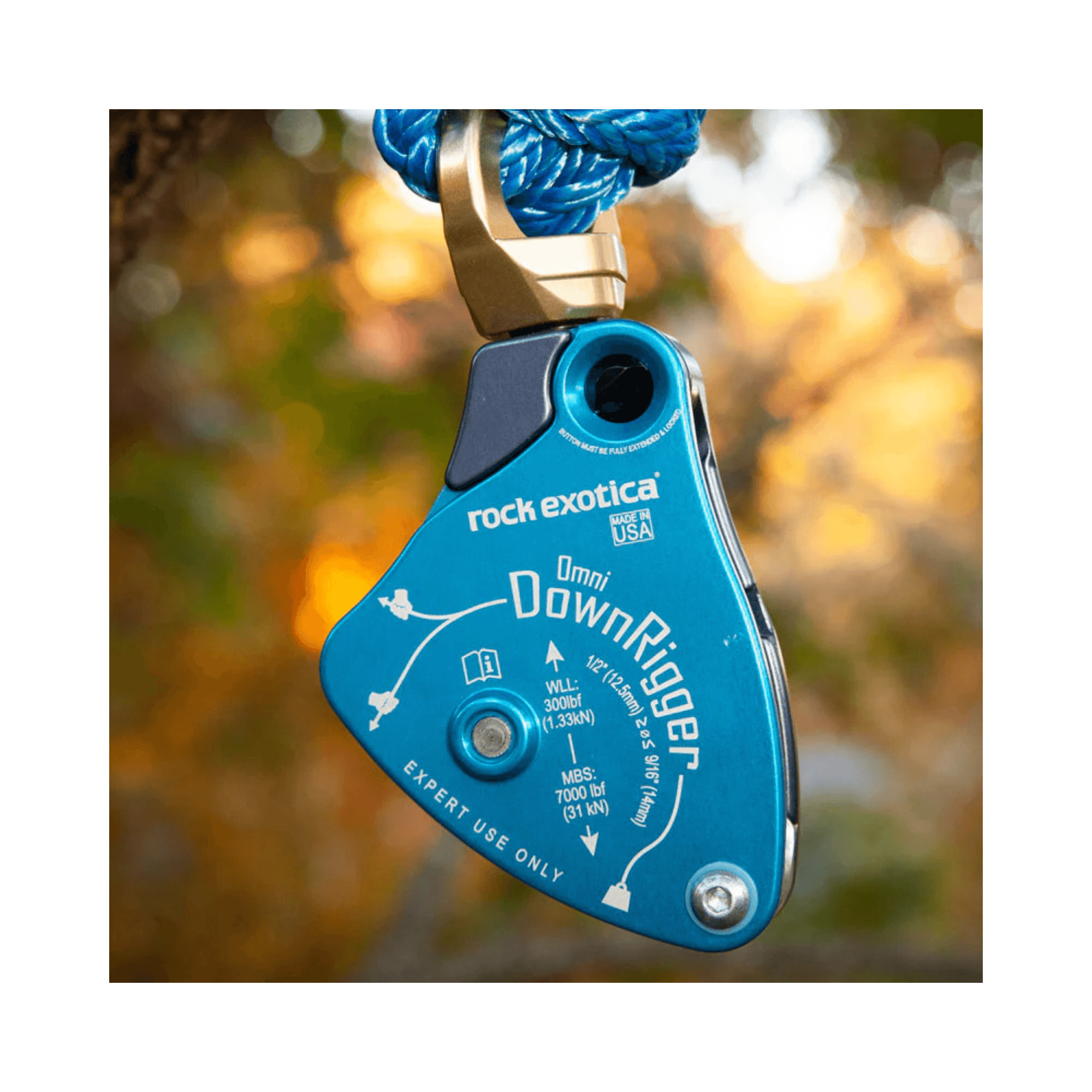 Rock Exotica DownRigger Pulley aerial friction device for controlled lowering in arborist rigging systems.