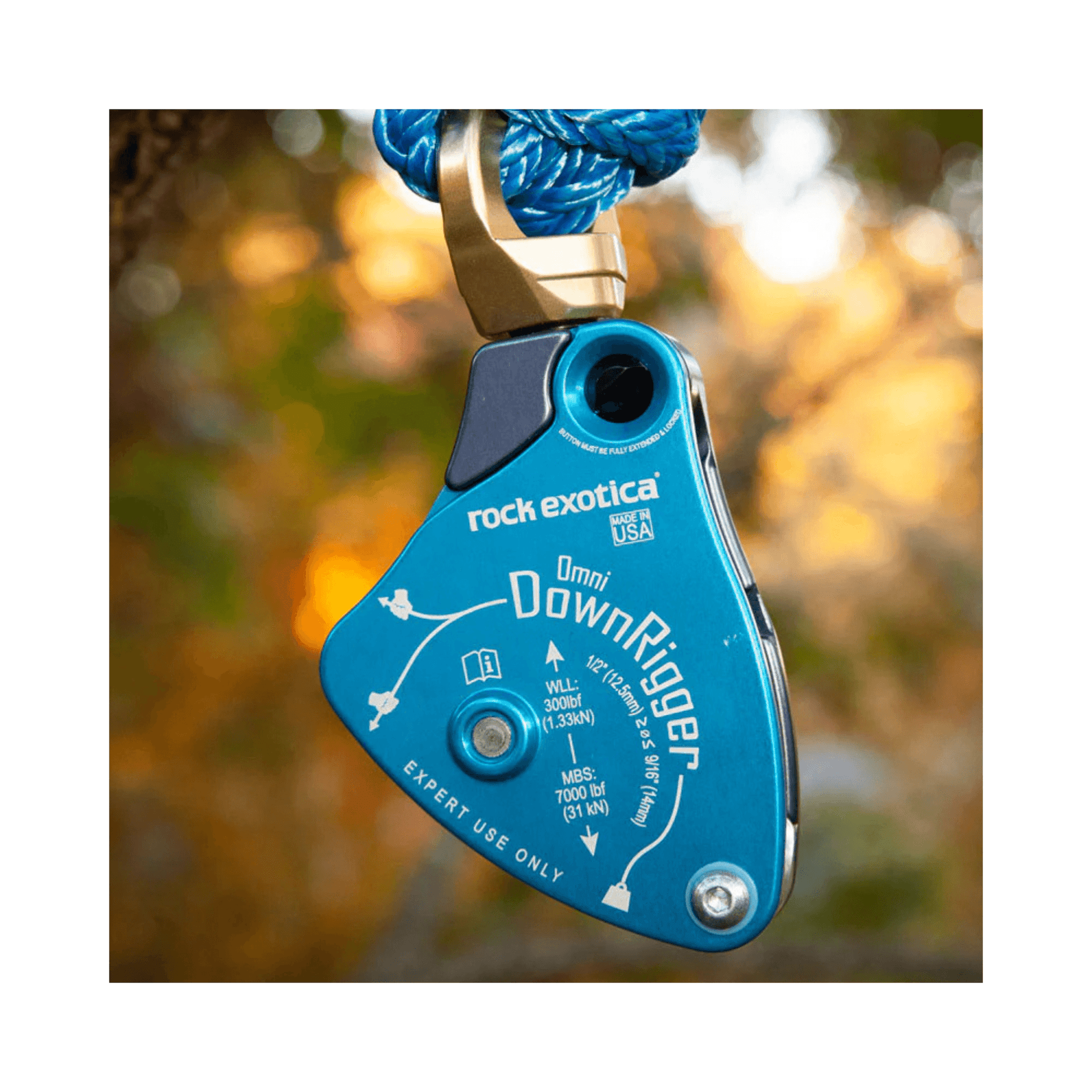 Rock Exotica DownRigger Pulley aerial friction device for controlled lowering in arborist rigging systems.